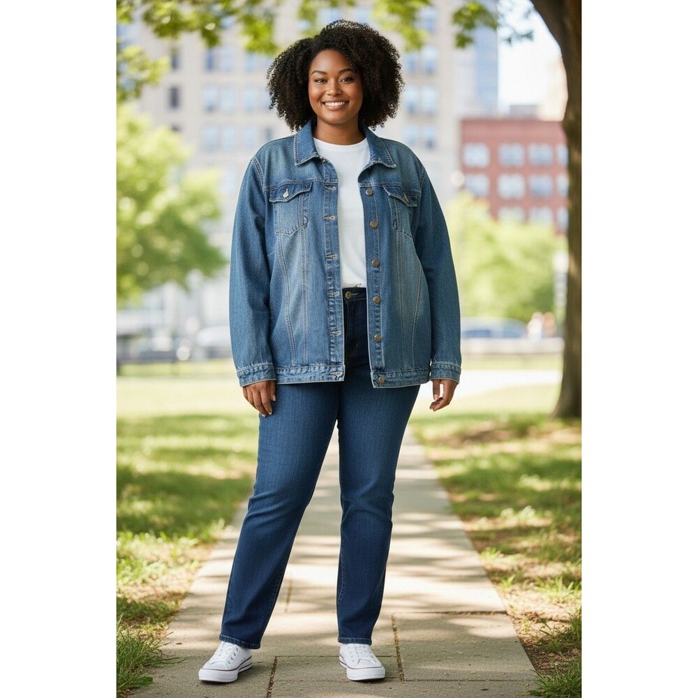 City Chic Women's Denim Trucker Style Denim Jacket Distressed Size Large